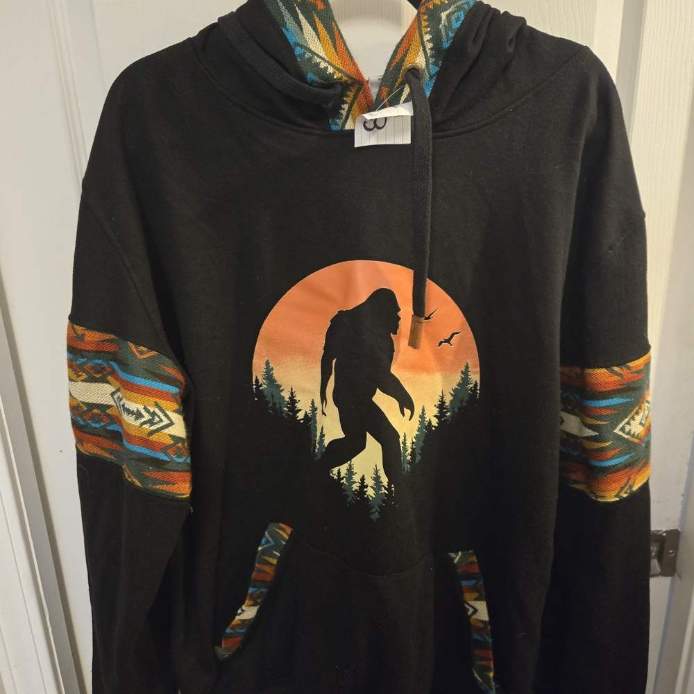Bigfoot Sunset Black Hoodie with Multicolor Accents